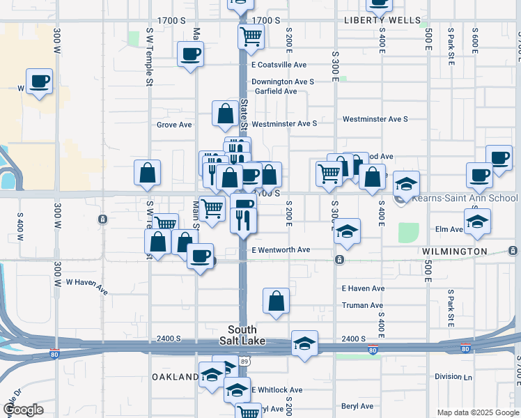 map of restaurants, bars, coffee shops, grocery stores, and more near 133 East Commonwealth Avenue in South Salt Lake