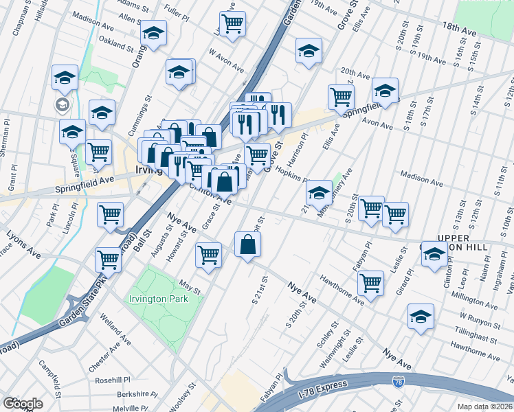map of restaurants, bars, coffee shops, grocery stores, and more near 979 Clinton Avenue in Irvington