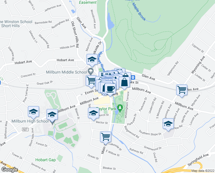 map of restaurants, bars, coffee shops, grocery stores, and more near Main Street & Essex Street in Millburn