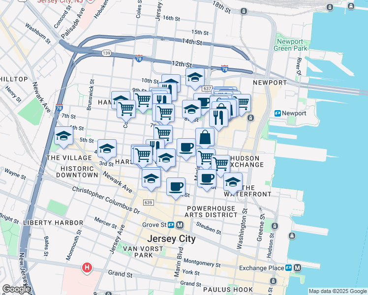 map of restaurants, bars, coffee shops, grocery stores, and more near 432 Manila Avenue in Jersey City