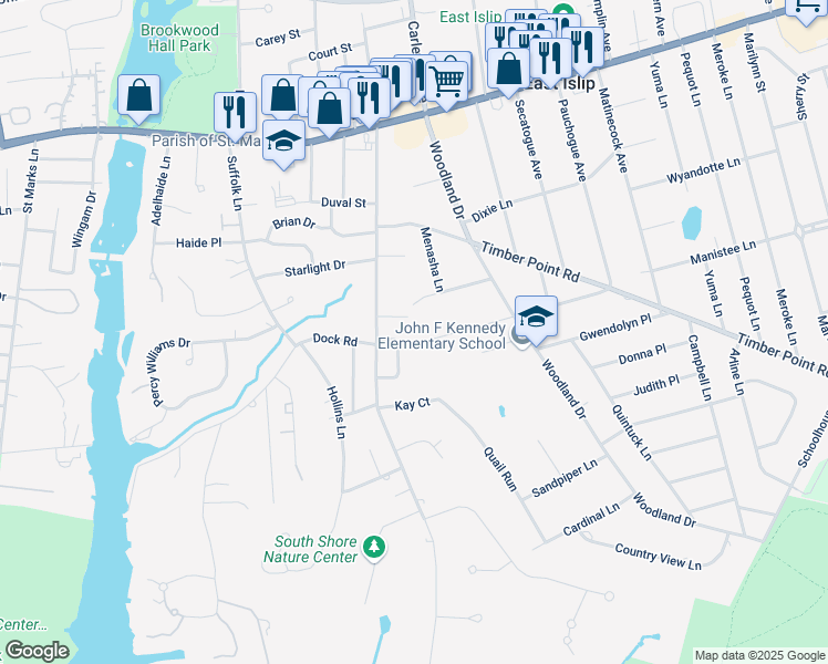 map of restaurants, bars, coffee shops, grocery stores, and more near 133 Shinnecock Lane in East Islip
