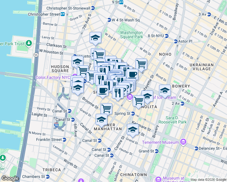 map of restaurants, bars, coffee shops, grocery stores, and more near 109 Greene Street in New York