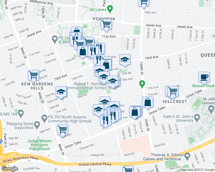 map of restaurants, bars, coffee shops, grocery stores, and more near 15805 76th Road in Queens