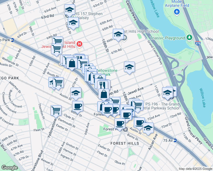 map of restaurants, bars, coffee shops, grocery stores, and more near 68-64 Yellowstone Boulevard in Queens