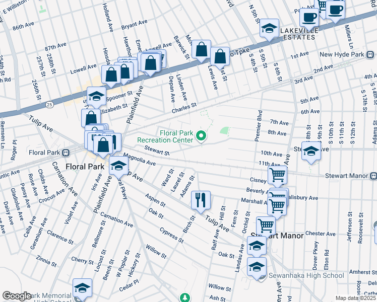 map of restaurants, bars, coffee shops, grocery stores, and more near 130 Stewart Street in Floral Park