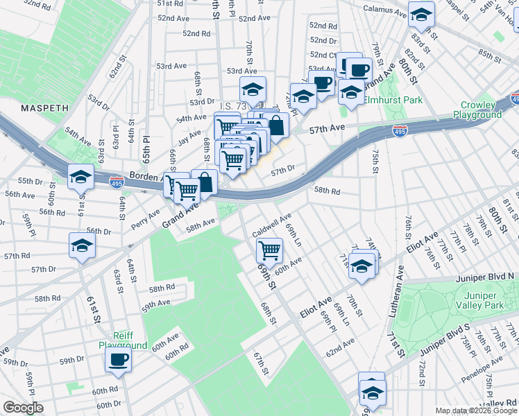 map of restaurants, bars, coffee shops, grocery stores, and more near 58-09 69th Place in Queens