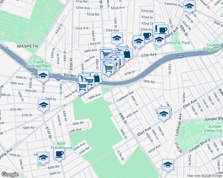 map of restaurants, bars, coffee shops, grocery stores, and more near 69-04 69th Street in Queens