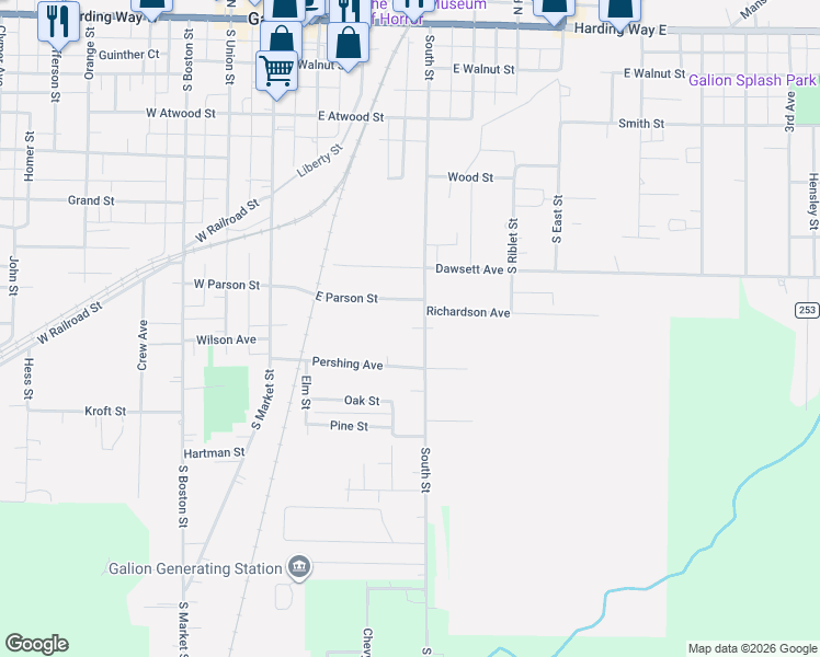 map of restaurants, bars, coffee shops, grocery stores, and more near 721 South Street in Galion