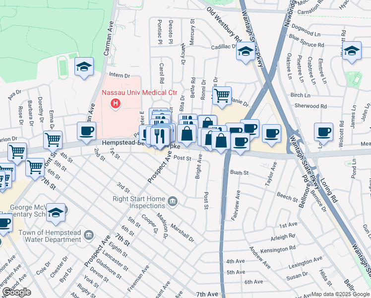 map of restaurants, bars, coffee shops, grocery stores, and more near 2376 Hempstead Turnpike in East Meadow