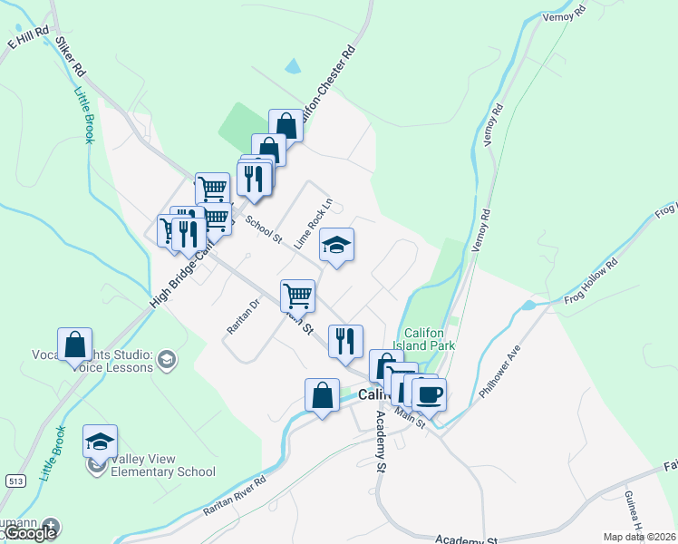 map of restaurants, bars, coffee shops, grocery stores, and more near 6 School Street in Califon