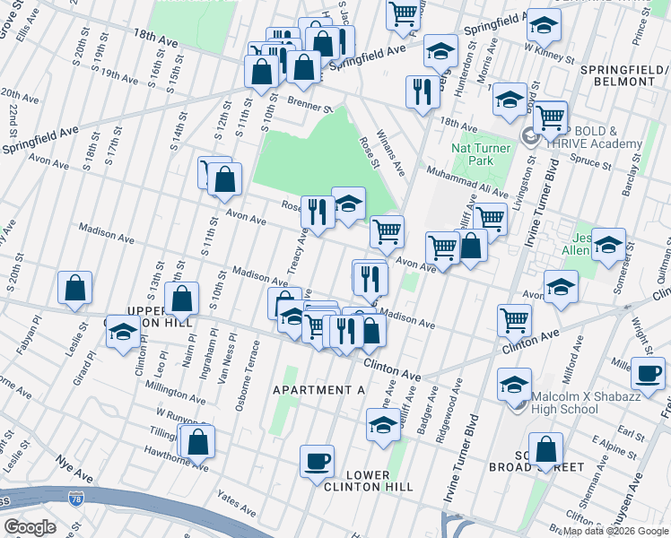 map of restaurants, bars, coffee shops, grocery stores, and more near 14 Seymour Avenue in Newark