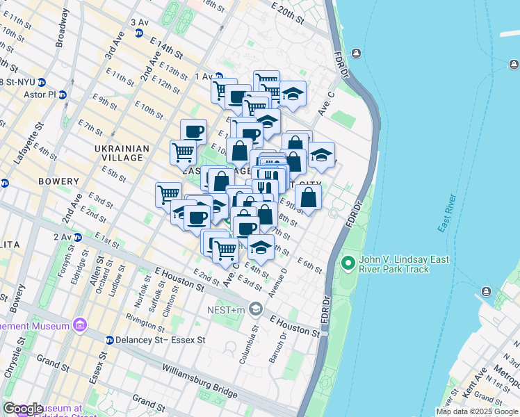 map of restaurants, bars, coffee shops, grocery stores, and more near 342 East 8th Street in New York