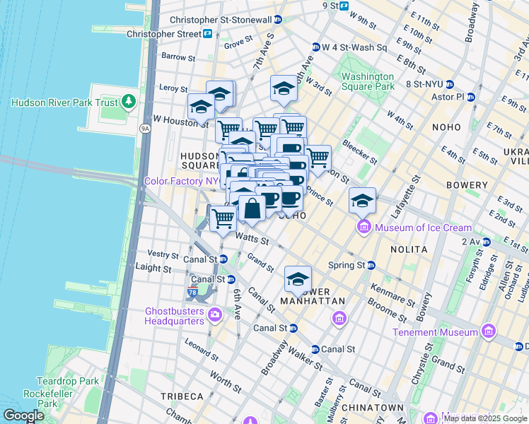 map of restaurants, bars, coffee shops, grocery stores, and more near 81 Sullivan Street in New York