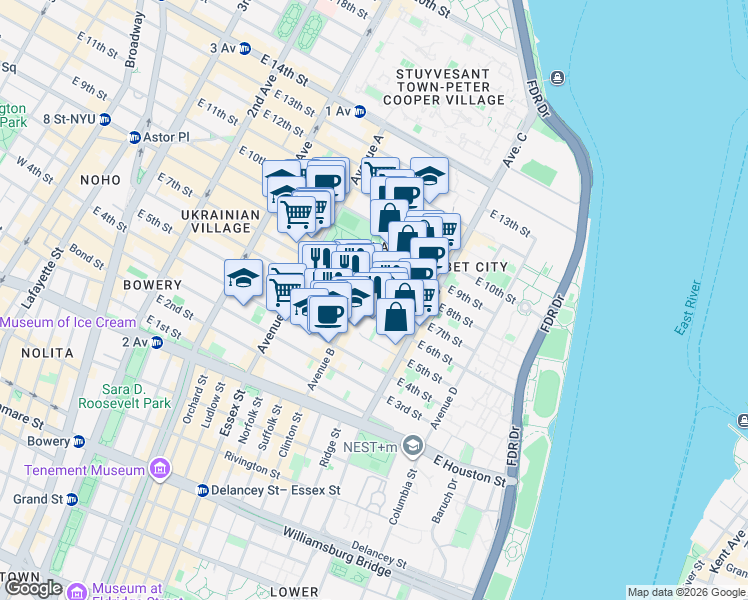 map of restaurants, bars, coffee shops, grocery stores, and more near 190 East 7th Street in New York