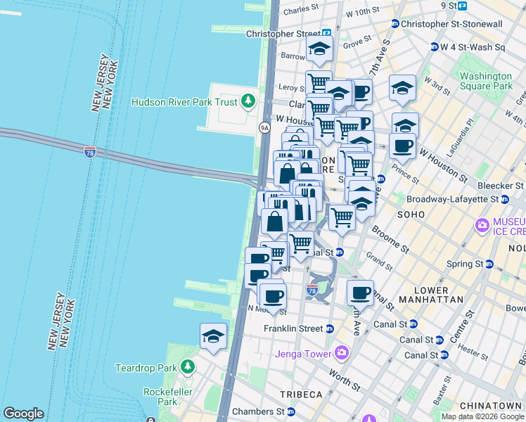 map of restaurants, bars, coffee shops, grocery stores, and more near 267 West Street in New York