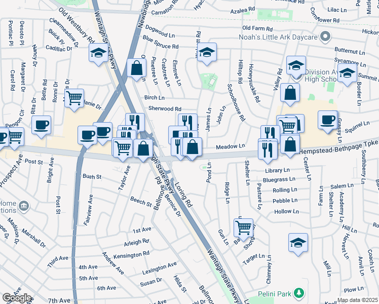 map of restaurants, bars, coffee shops, grocery stores, and more near 16 Wolcott Road in Levittown