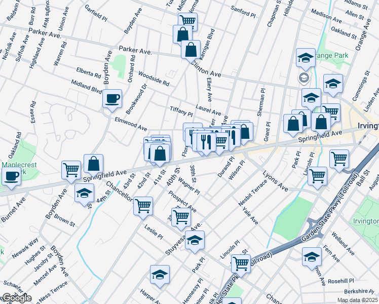 map of restaurants, bars, coffee shops, grocery stores, and more near 1324 Springfield Avenue in Irvington