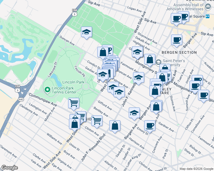 map of restaurants, bars, coffee shops, grocery stores, and more near 720 West Side Avenue in Jersey City