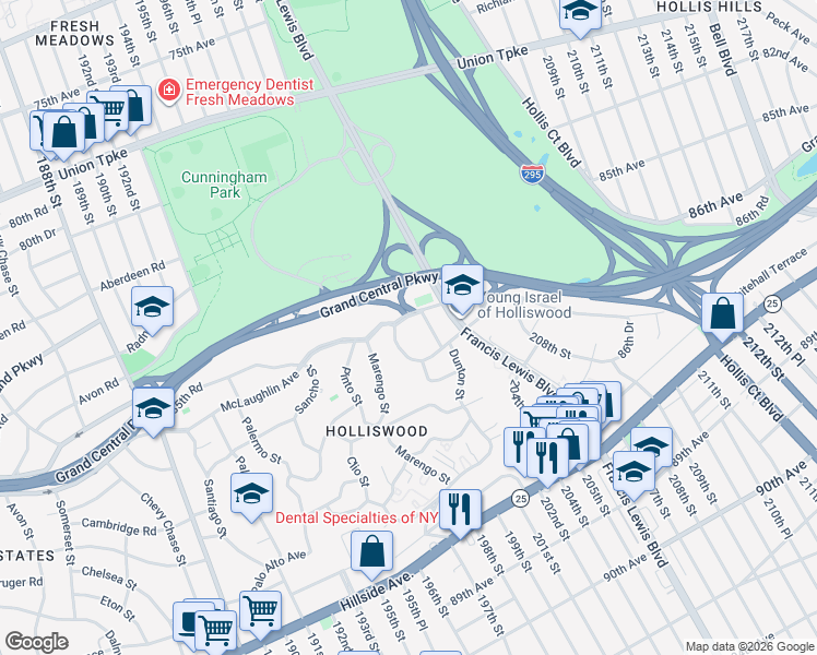 map of restaurants, bars, coffee shops, grocery stores, and more near 198-16 McLaughlin Avenue in Queens