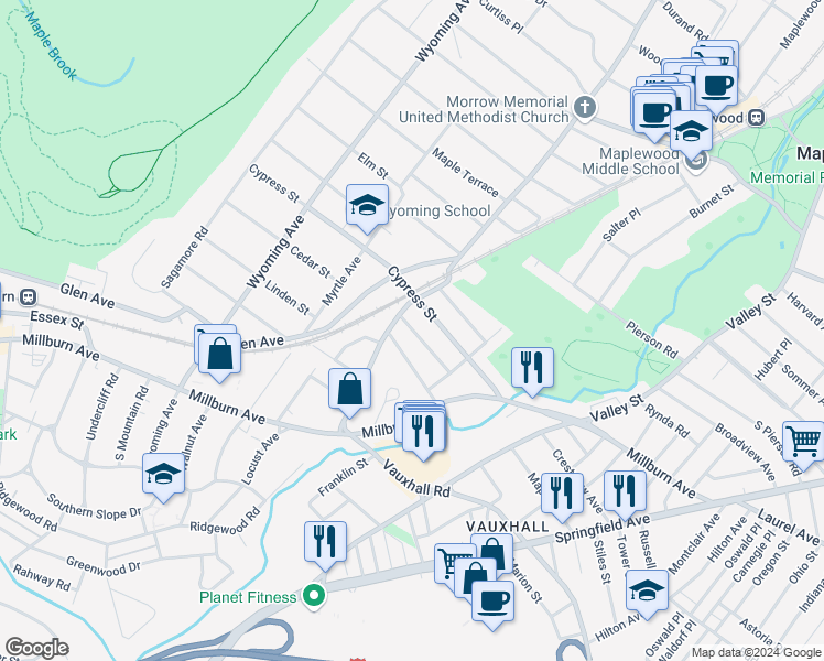 map of restaurants, bars, coffee shops, grocery stores, and more near 712 Ridgewood Road in Millburn