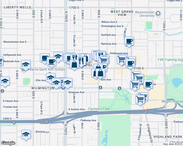 map of restaurants, bars, coffee shops, grocery stores, and more near 850 East 2100 South in Salt Lake City