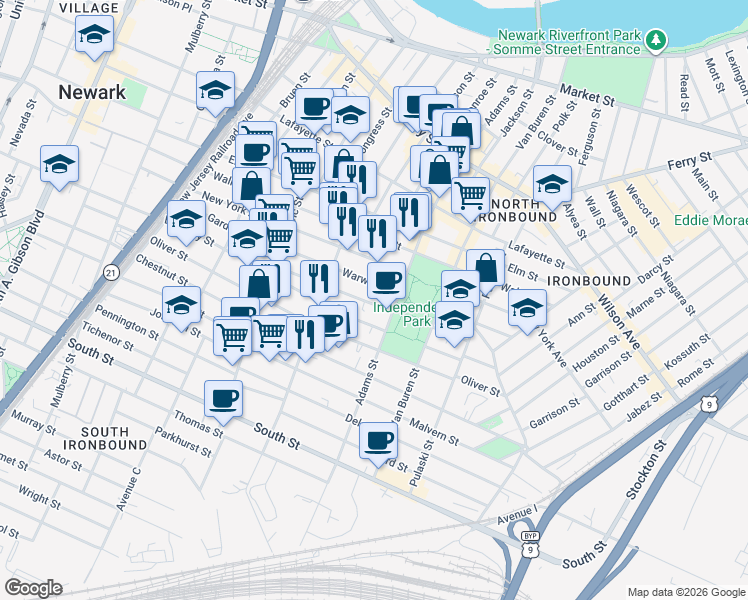 map of restaurants, bars, coffee shops, grocery stores, and more near 81 Nichols Street in Newark