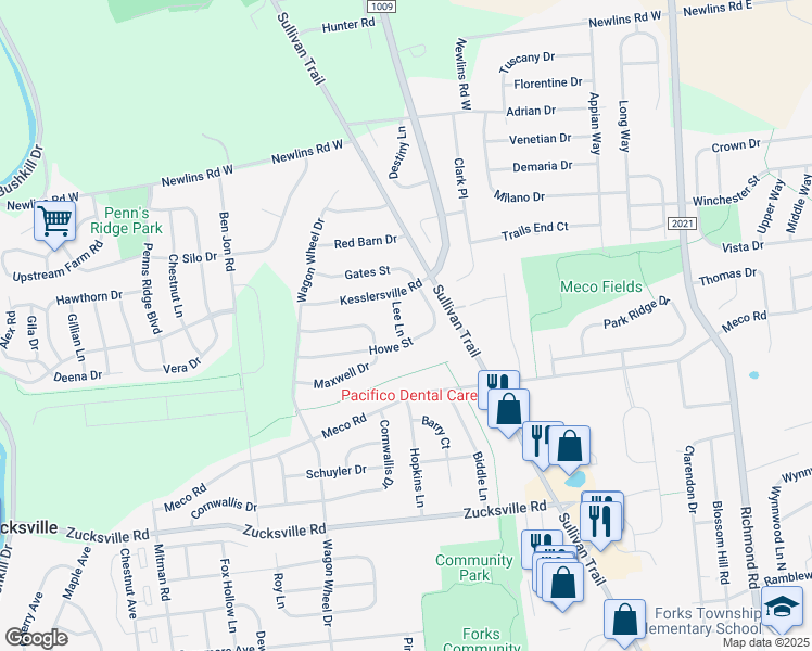 map of restaurants, bars, coffee shops, grocery stores, and more near 2285 Lee Lane in Easton