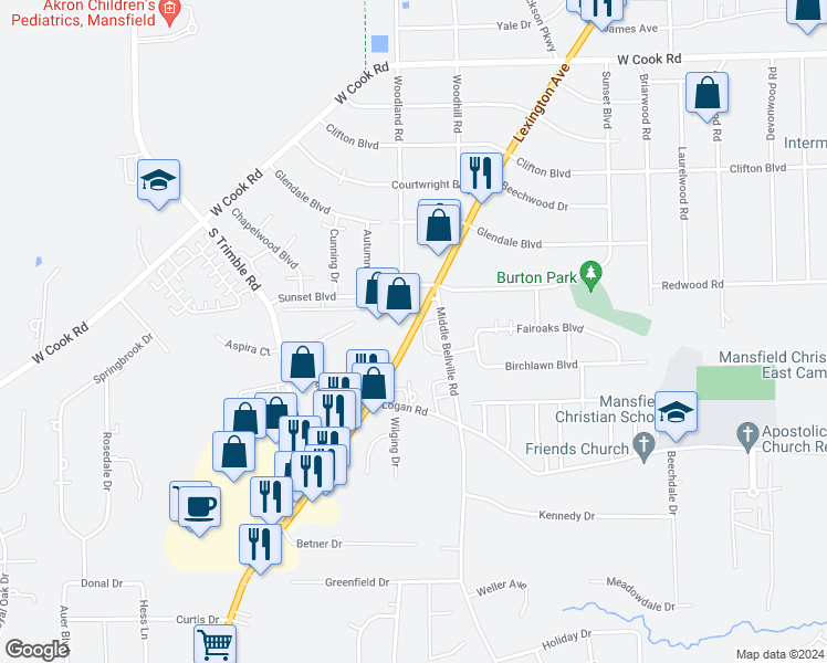 map of restaurants, bars, coffee shops, grocery stores, and more near 1233 U.S. 42 in Mansfield