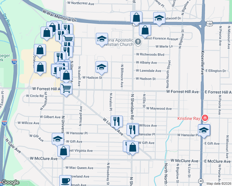 map of restaurants, bars, coffee shops, grocery stores, and more near 810 W Forrest Hill Ave in Peoria