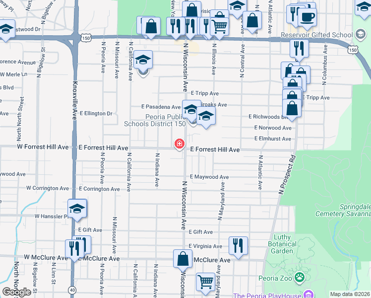 map of restaurants, bars, coffee shops, grocery stores, and more near N Wisconsin Ave & E Forrest Hill Ave in Peoria