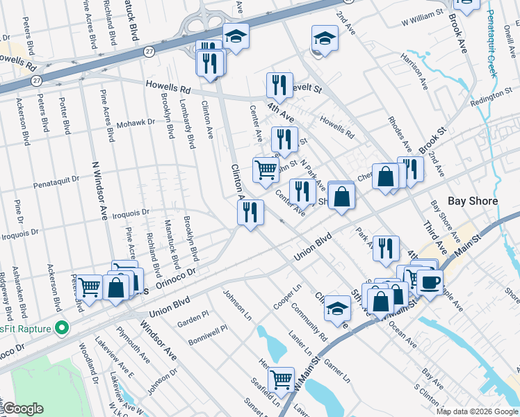 map of restaurants, bars, coffee shops, grocery stores, and more near 124b 5th Avenue in Bay Shore