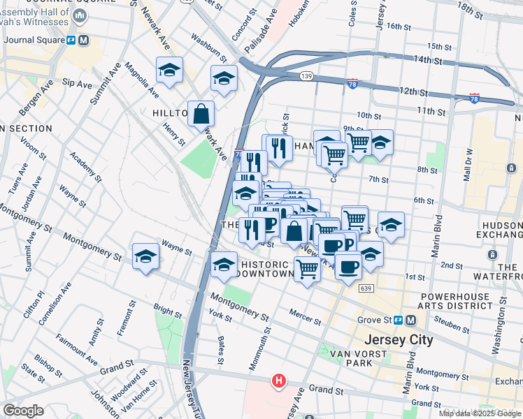 map of restaurants, bars, coffee shops, grocery stores, and more near 204 Merseles Street in Jersey City