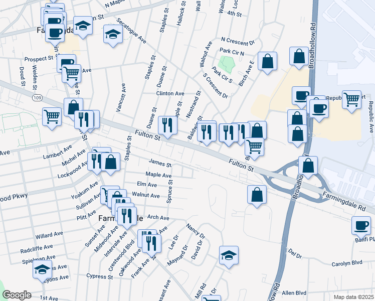 map of restaurants, bars, coffee shops, grocery stores, and more near 1010 Fulton Street in Farmingdale