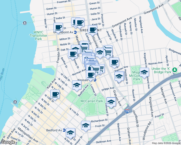 map of restaurants, bars, coffee shops, grocery stores, and more near 680 Manhattan Avenue in Brooklyn