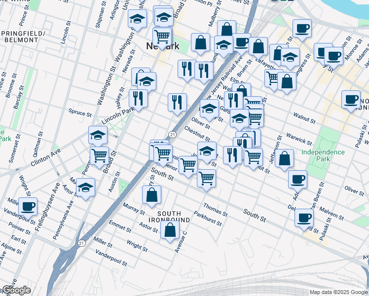 map of restaurants, bars, coffee shops, grocery stores, and more near 26-28 Johnson Street in Newark