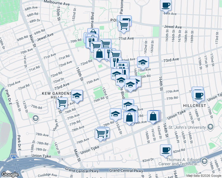 map of restaurants, bars, coffee shops, grocery stores, and more near 75-25 153rd Street in Queens