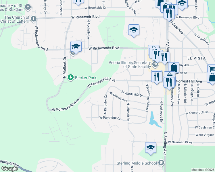 map of restaurants, bars, coffee shops, grocery stores, and more near 3025 West Wardcliffe Drive in Peoria