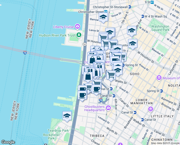 map of restaurants, bars, coffee shops, grocery stores, and more near 471 Washington Street in New York