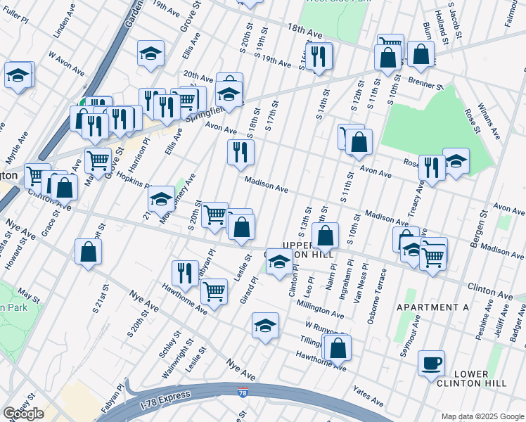 map of restaurants, bars, coffee shops, grocery stores, and more near 882 South 16th Street in Newark