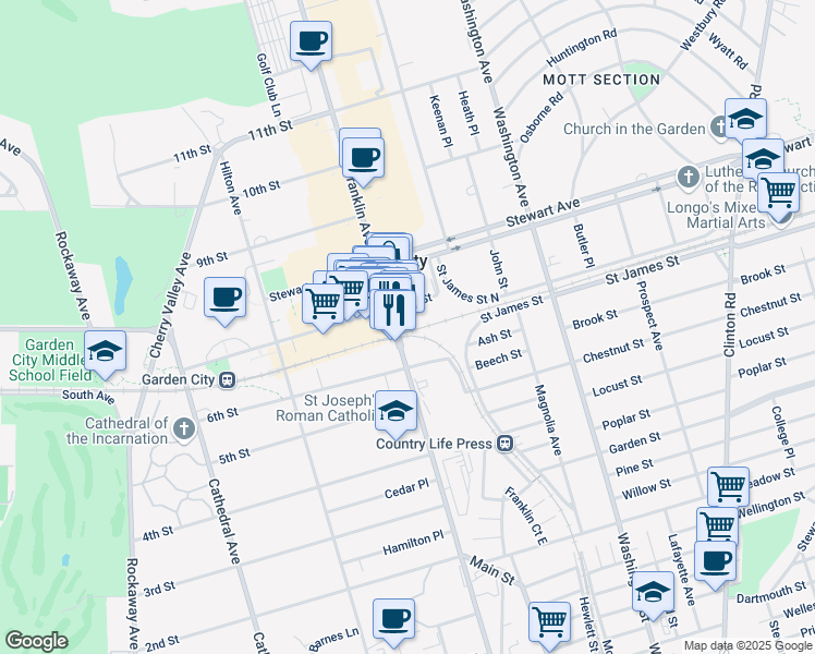 map of restaurants, bars, coffee shops, grocery stores, and more near 667 Franklin Avenue in Garden City