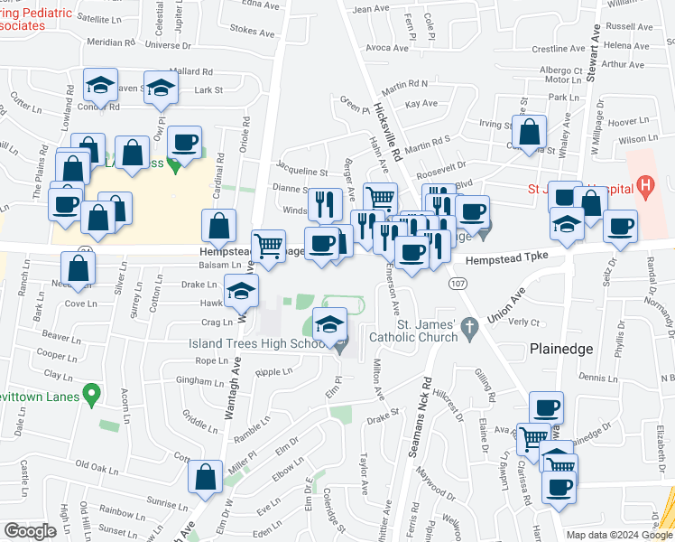 map of restaurants, bars, coffee shops, grocery stores, and more near 3850 Hempstead Turnpike in Levittown
