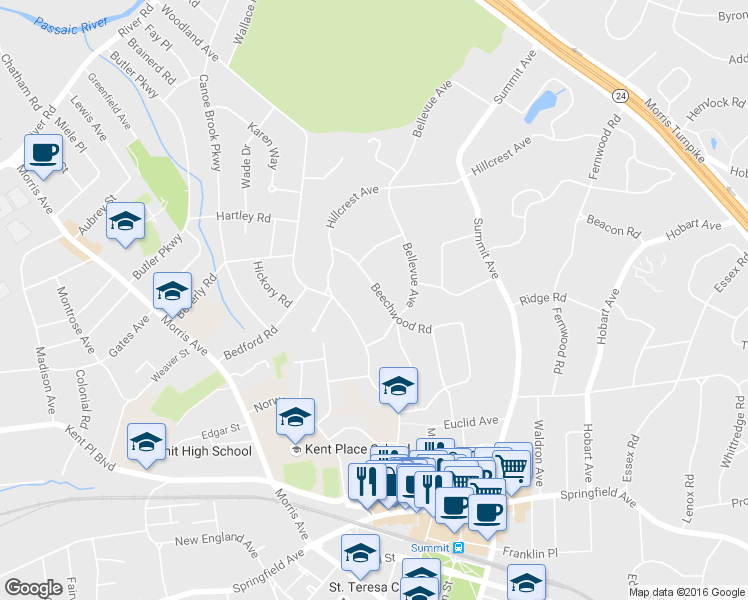 map of restaurants, bars, coffee shops, grocery stores, and more near 146 Beechwood Road in Summit