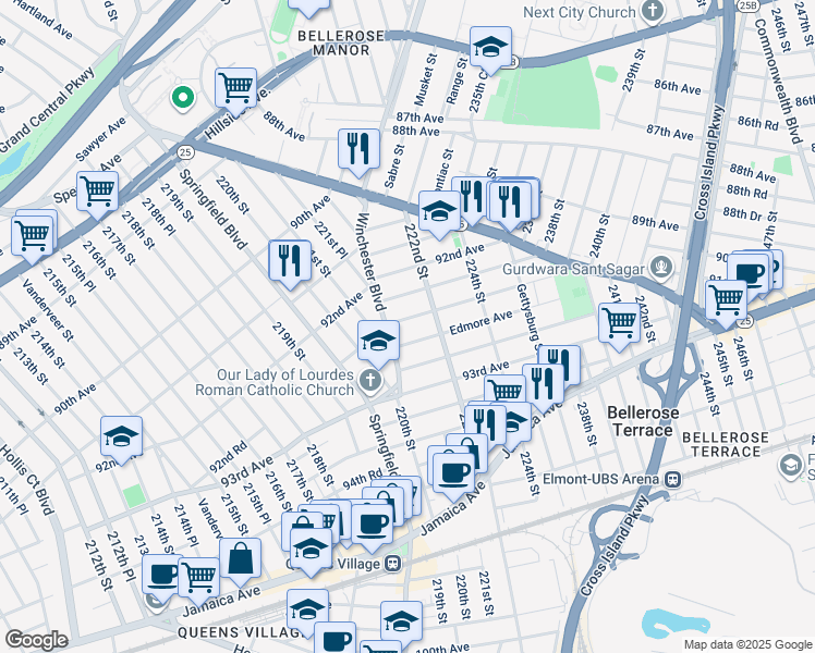 map of restaurants, bars, coffee shops, grocery stores, and more near 221-36 Davenport Avenue in Queens
