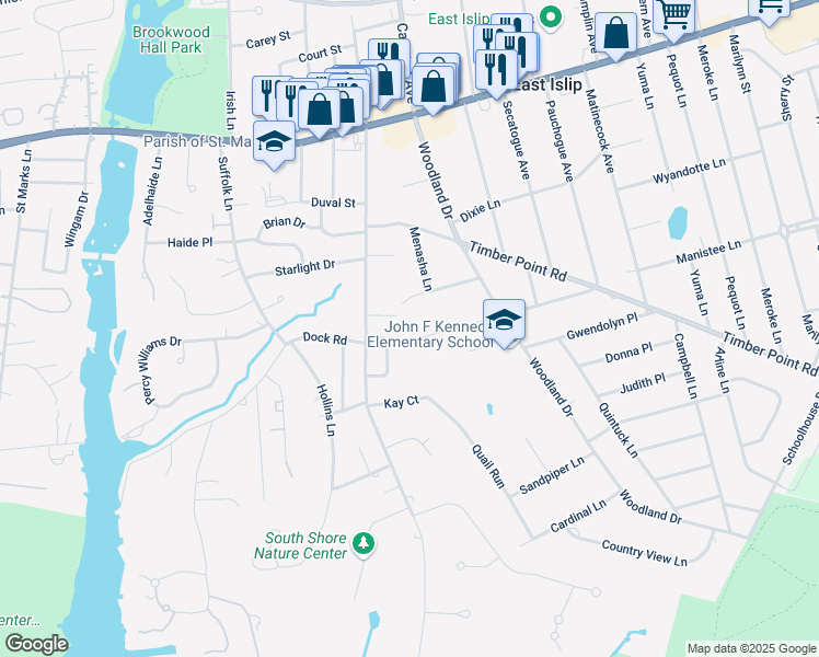 map of restaurants, bars, coffee shops, grocery stores, and more near 133 Shinnecock Lane in East Islip