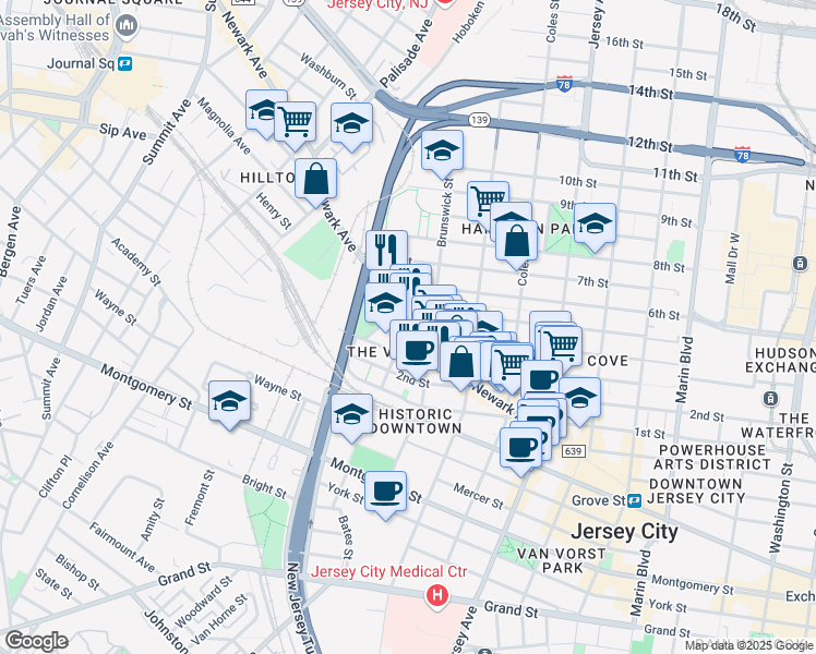 map of restaurants, bars, coffee shops, grocery stores, and more near 204 Merseles Street in Jersey City