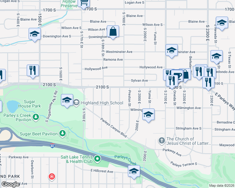 map of restaurants, bars, coffee shops, grocery stores, and more near 2119 South 1900 East in Salt Lake City