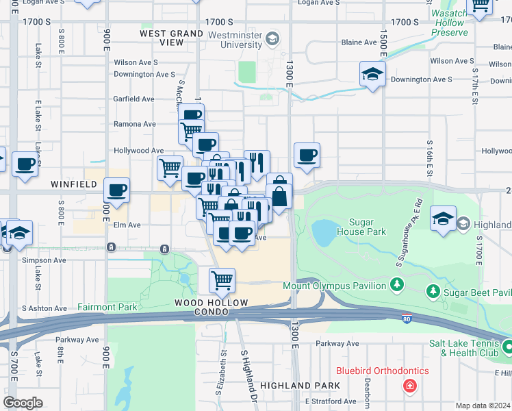 map of restaurants, bars, coffee shops, grocery stores, and more near 1210 East 2100 South in Salt Lake City