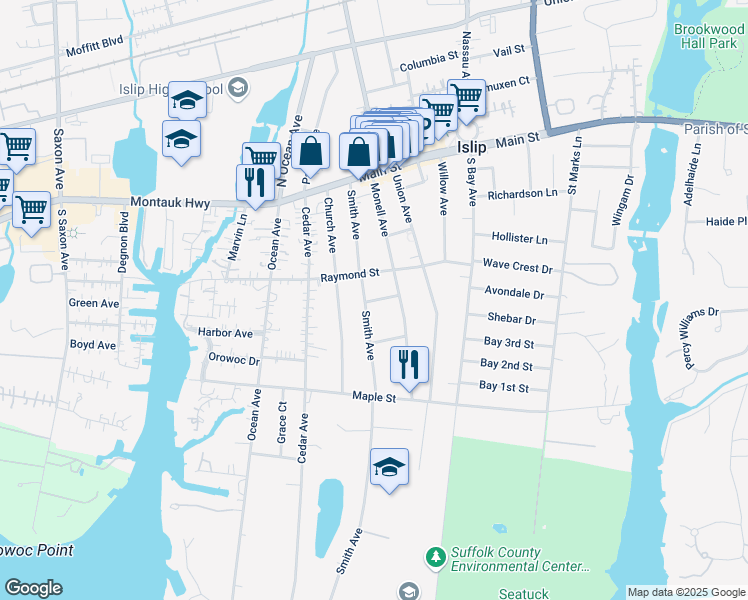 map of restaurants, bars, coffee shops, grocery stores, and more near 25 1st Street in Islip