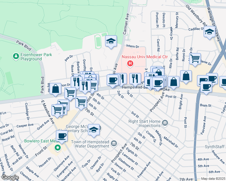 map of restaurants, bars, coffee shops, grocery stores, and more near in East Meadow