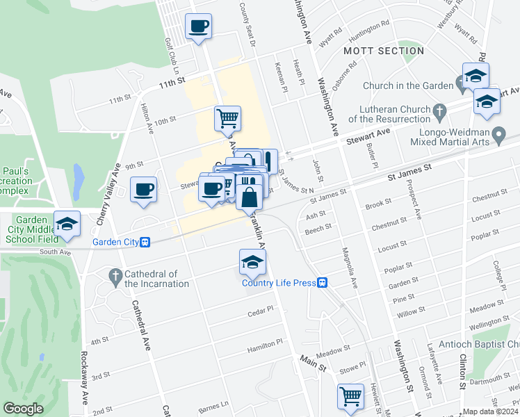 map of restaurants, bars, coffee shops, grocery stores, and more near 667 Franklin Avenue in Garden City